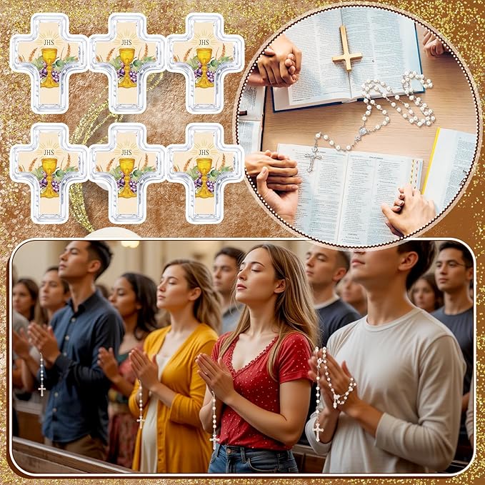 Cunno 24 Set First Holy Communion Bead Rosary Cross Necklace for Baptism First Communion Gifts Scented with Cross Shape Box for Guest Catholic Religious Rosary Baptism Party Primera Comunión (White)