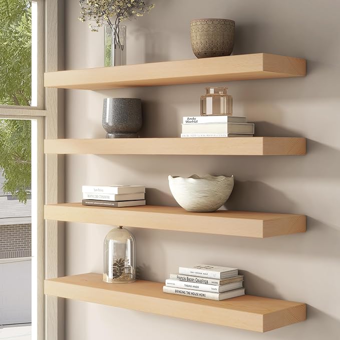 Floating Shelves for Wall, USA-Sourced Beech Wood 30 Inch Wall Shelves Set of 2, Natural Wooden Mounted Picture Ledge Shelf, Nursery Book Storage Shelf Kids Bookshelf Display, Shelf for Bathroom