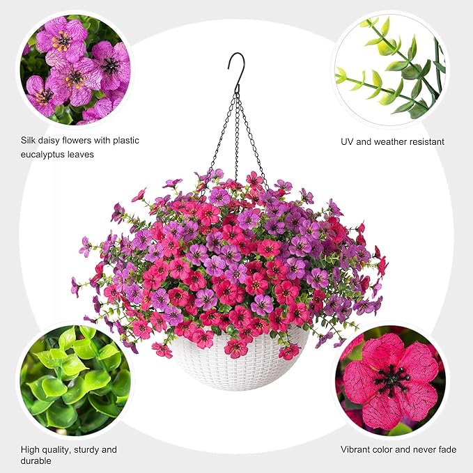 HyeFlora Artificial Fake Hanging Flowers Plants Basket for Outdoor Outside Decoration, Faux Silk UV Resistant Realistic Colorful Daisy in Planter for Porch Patio Garden Yard Home