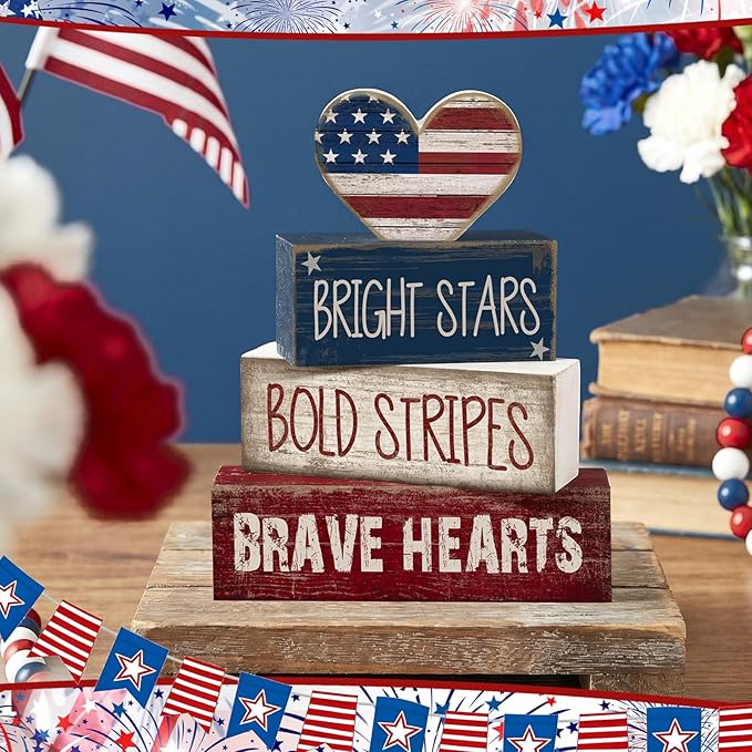 CroBlissful 4 Pcs 4th of July Decorations Patriotic Memorial Day Tabletop Decorations Red White Blue Table Centerpieces Sign for Office Tiered Tray Home Shelf 250th Anniversary(Brave Heart)