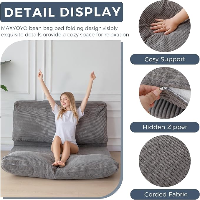MAXYOYO Folding Sofa Bed, Extra Thick and Long Floor Sofa Convertible Chair with Washable Cover, Floor Couch Lounge Bean Bag Bed for Living Room, Grey, 39x91 Inch