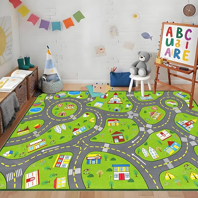 Car Rug Play Mat 9x12 Feet, Kids Rugs for Bedroom Educational Green Traffic Road Carpet for Kids Decorate Nursery Toddler Classroom Preschool Living Room Playroom