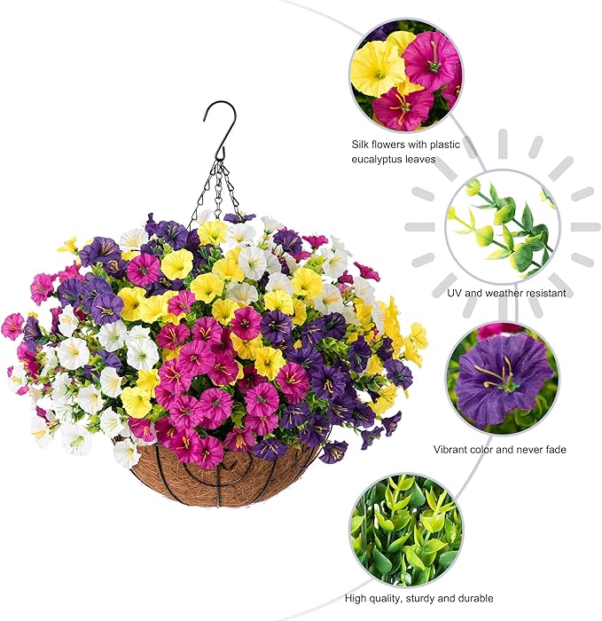 HyeFlora Artificial Hanging Flowers Faux Plants Basket for Outdoors Spring Decor, Fake Silk Morning Glory with Eucalyptus in Planter UV Resistant Outdoor Flowers for Outside Porch Patio Garden Home