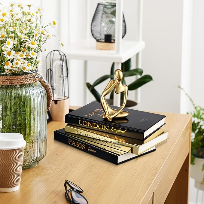 Feifeiya 6 Pcs Gold and Black Color Decorative Book & Thinker Statue Set - 3 Books Accents 3 Thinker Abstract Art Sculpture Home Decoration for Living Room Bookshelf Table Decor