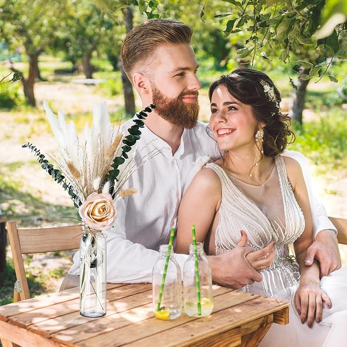 Qinyoung 10 Set Dried Pampas Grass Centerpiece for Wedding Baby Shower Party 10 Glass Flower Jars 10 Artificial Roses 80 Dried Pampas Grass with Rope for Rustic Bridal Farmhouse Decoration(Champagne)