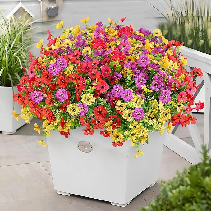 ADXORA 12 Bundles Artificial Flowers,Faux Plants for Spring Summer Decoration, UV Resistant Colorful Violets Eucalyptus for Outside Home Planter Porch Patio Yard Decor