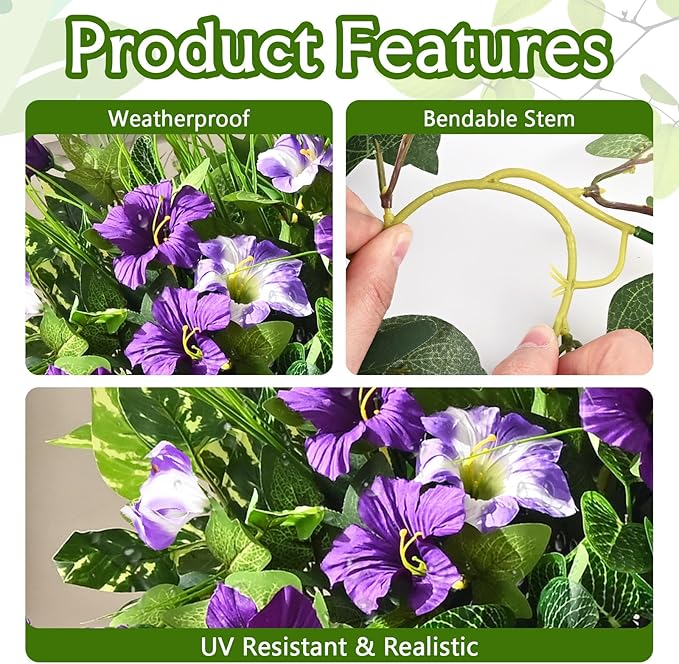 Waipfaru Artificial Plants & Flowers, UV Resistant Fake Plants Artificial Flowers Outdoors, Realistic Faux Petunias Fake Hanging Plants for Outside Garden Balcony Yard Porch(10 Bundles Purple White)