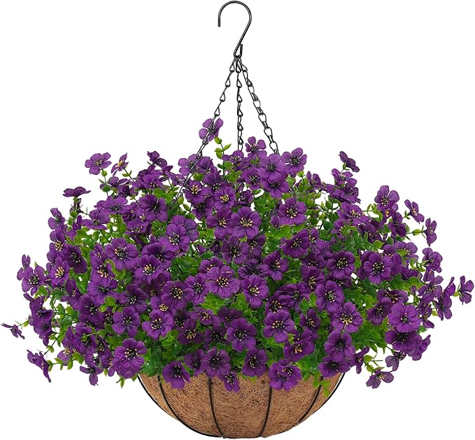 Artificial Faux Hanging Plants Flowers Basket for Outdoors Spring Summer Decoration, Hanging Planters with Fake Silk Flowers UV Resistant Realistic for Outside Porch Patio Balcony Garden Home (Purple)