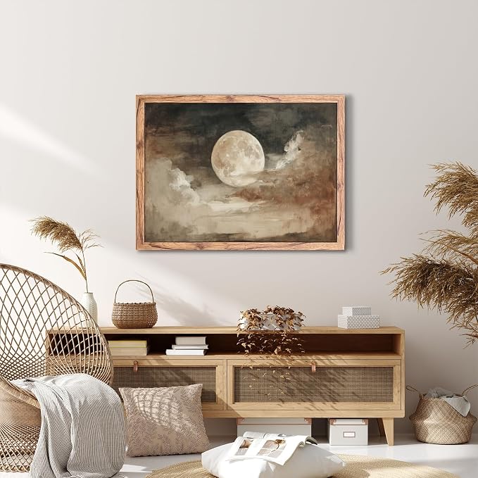 KBBYT Large Framed Wall Art Full Moon and Clouds Poster Canvas Print Vintage Aesthetic Painting Nature Countryside Pictures Wall Decor for Living Room Bedroom Home Decoration 24x36inch Wood Framed