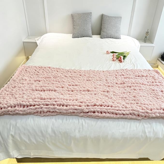 Soft Chunky Knit Throw Blanket for Couch, Cozy Warm Knitted Blankets | Hand Knit with Jumbo Chenille, Lightweight Warm Fluffy Decor for Women, Mom, Her & Girls, Sofa, Chair, Bed, 40"×60" (Pink)