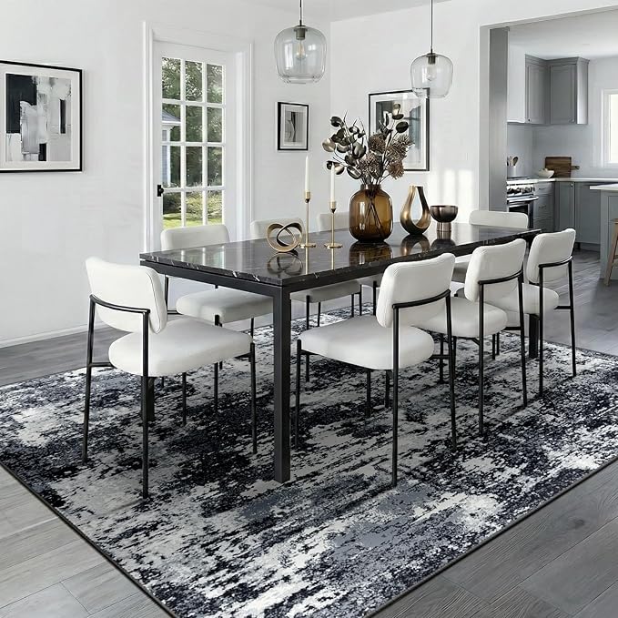 RELEANY Washable Area Rugs 9'x12' Non-Slip Modern Abstract Soft for Living Room Entryway Bedroom Nursery, Print Pattern, Black Navy Blue Gray