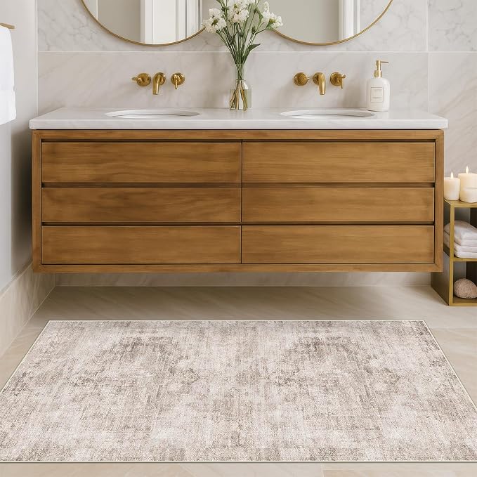 Hazo Haus Washable Non Slip Stain Resistant 2x5 Runner Rug for Bathroom, Kitchen, Laundry Room, Bedroom Beside Bed, Unique Tan Distressed Abstract Eclectic Runner Décor, Beige Brown