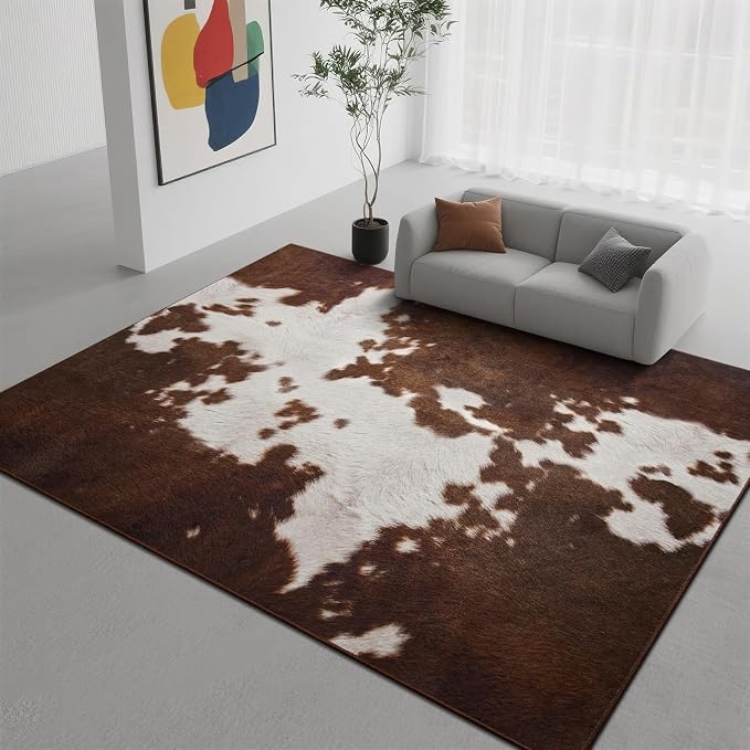 DweIke Cow Print Rugs for Living Room, 6x9 Large Soft Faux Animal Cowhide Area Rug, Washable Non-Slip Stain Resistant Throw Carpet for Dining Room Office Western Home Decor, Red Brown