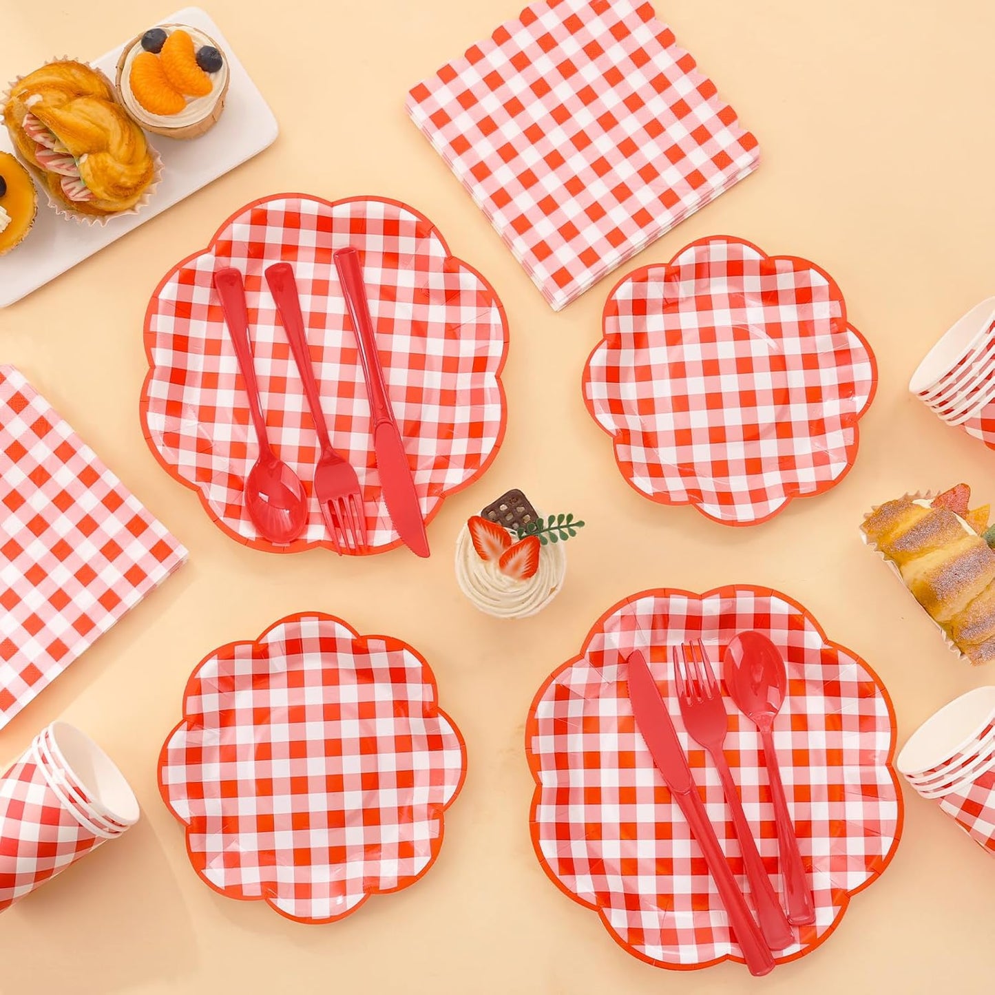 350 Pcs Red Gingham Plates and Napkins Party Supplies - Red and White Checkered Plates Sets Serve 50 Guests - Scalloped Gingham Paper Plate for Birthday Picnic Wedding Christmas Party Decorations