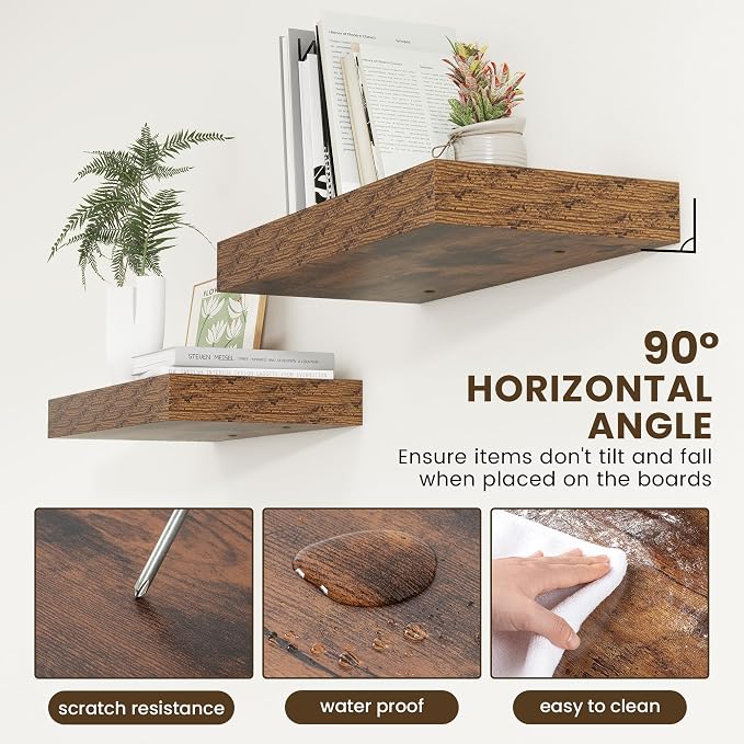 FLYJOE 24'' Brown Floating Shelves, 12 Inch Deep Shelves for Wall Set of 1 | 24'' x 12'' Rustic Brown Wood Shelves for Framhouse Living Room Bathroom Kitchen Laundry Room