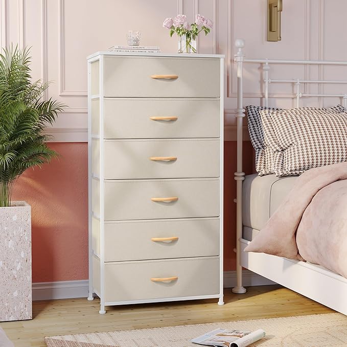 Crestlive Products Dresser for Bedroom with 6 Drawers, Tall Chest of Drawers, Fabric Dressers Bedroom Furniture, Storage Organizer Unit with Bins for Closet, Hallway, Living Room, Entryway(Beige)