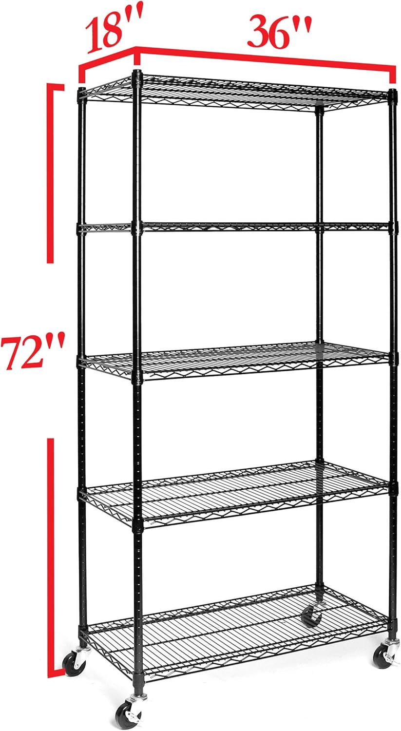 Seville Classics UltraDurable Heavy Duty NSF Solid Steel Wire Rack Storage Unit, Organizer for Garage, Warehouse, Office, Restaurant, Classroom, Kitchen, Black, 5-Tier Shelving, 36" W x 18" D
