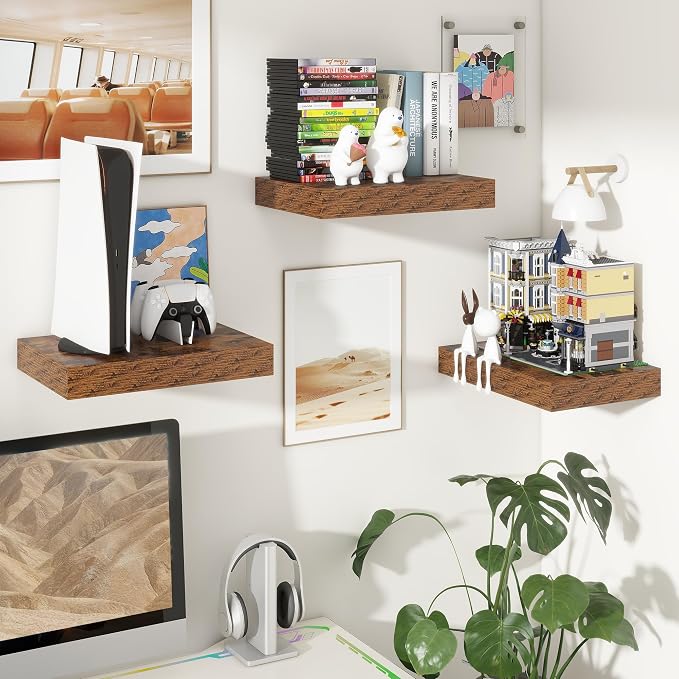 FLYJOE 12 Inch Deep Floating Shelves, 16'' Brown Floating Shelves Set of 2 | 12'' Deep Shelves for Wall, 16'' x 12'' Rustic Brown Wood Shelves for Living Room Bathroom Kitchen Bedroom