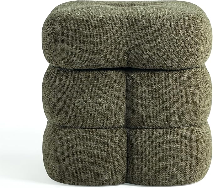 Get Set Style 360° Swivel Flower Ottoman, Linen Vanity Stool Footrest with 300LBS Capacity, No Assembly Small Space Accent Chair for Living Room Bedroom Entryway(Olive Green)