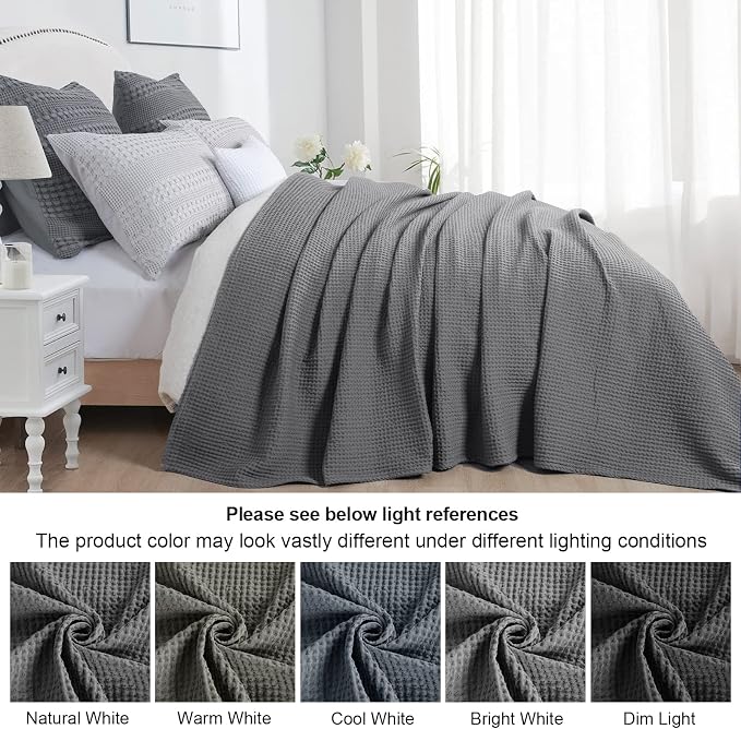 PHF Pre-Washed 100% Cotton Waffle Weave Blanket Twin Size for Bed,Snag Proof Throw Blanket for Couch Spring Summer Lightweight Breathable,Machine Washable, Home Decor Gift - Charcoal