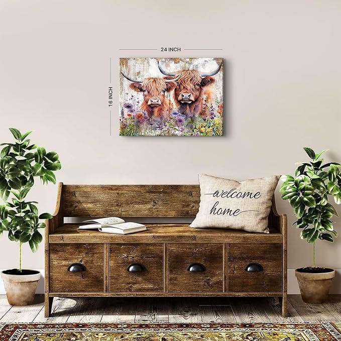 Rustic Cow Pictures Wall Decor Bathroom Farmhouse Highland Cow Wall Art Living Room Vintage Wildflower Cattle Poster Bedroom Farm Animal Canvas Prints Modern Artwork Kitchen Over Bed Decoration 16x24”