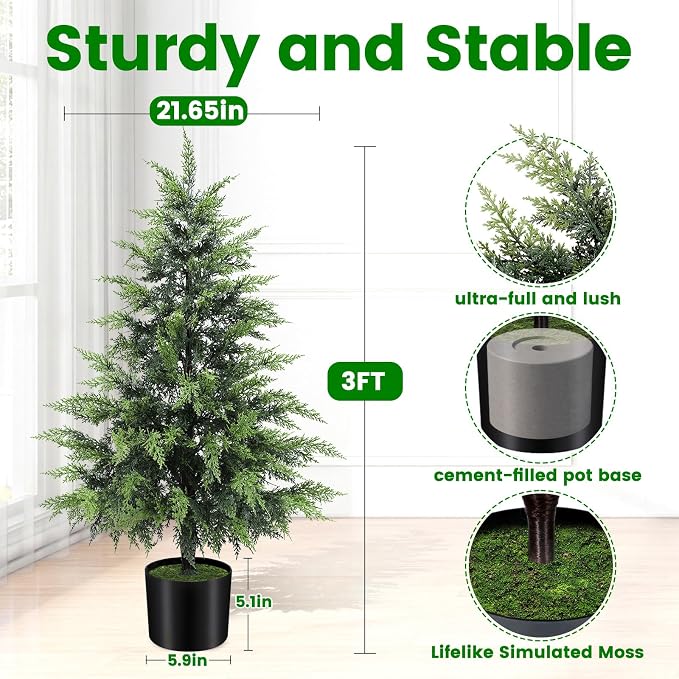 ENVEN Outdoor Artificial Topiary Cedar Tree Real Touch Faux Pine Evergreen Shrub Plant UV Resistant Greenery Tree with Pot Realistic Cypress Front Porch Decor (3FT-2Pack)