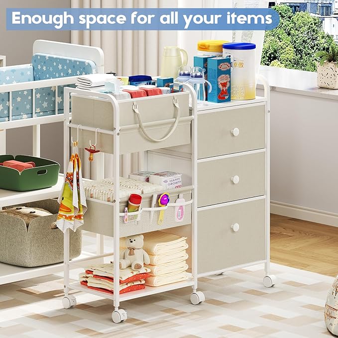 Cidaziya 2In1 Baby Diaper Caddy Organizers and Storage, 3 Tier Rolling Cart with Dividers and Drawers, Mobile Utility Cart Baby Dresser Clothes Organizer for Changing Table, Crib Nursery, Bedroom