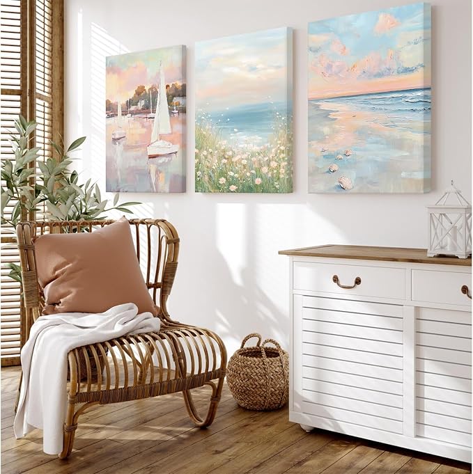 Pink Coastal Wall Art Coquette Beach Canvas Poster Summer Beachy Wall Decor Trendy Pastel Ocean Pictures Preppy Painting Wildflower Prints Sailboat Artwork for Girls Bedroom 16x24 Inch Ready to Hang