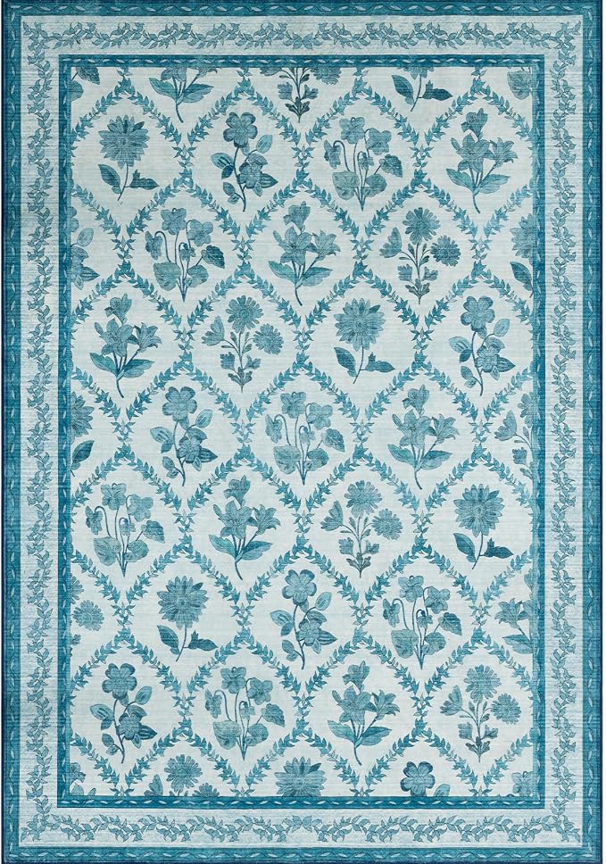 LIANLAM Checkered Rug 8x10 Area Rugs for Living Room - Stain Resistant & Non-Slip Backing Vintage Boho Floral Design Rug for Bedroom,Durable & Ultra-Thin Large Washable Area Rug(8x10,Blue)