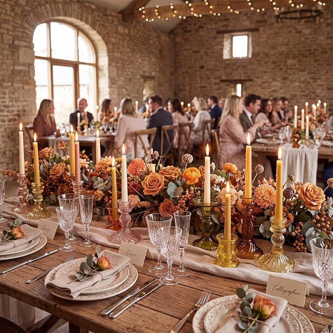 Mumufy 10 Pcs Glass Crystal Taper Candle Holders Clear Glass Candlestick Holder Fit 0.8 Inch Candles Crystal Decorative Candle Stand Centerpiece Table Wedding Dining Party (Classic,Orange Yellow)