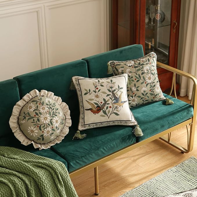 ISAENNE Vintage Linen Throw Pillow Cover,Set of 2,Diameter 16"-Brune C | Designer Elegant Round Pillow Cover,Concealed Zipper Design,Floral Pattern,Sofa,Bedroom,Living Room,Lounge Chairs