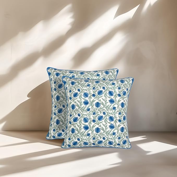 Ridhi Block Print Queen Blue Pillow Cover 18" x 18" (Pack of 2) Decorative Couch Pillows for Living Room, Chic Boho Cute Outdoor Pillows Covers Gifts for Spring, Easter and Valentine