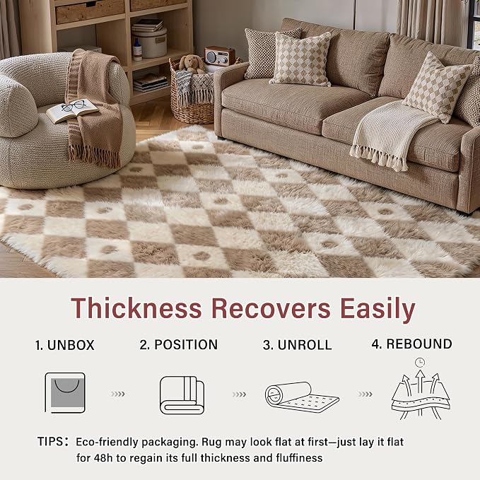 PureCozy Brown 9x12 Area Rug for Living Room Washable Non Slip Neutral Soft Bedroom Checkered Carpet Colorful Fluffy Modern Shag Fuzzy Indoor Large Aesthetic Bedroom Home Office Playroom Nursery