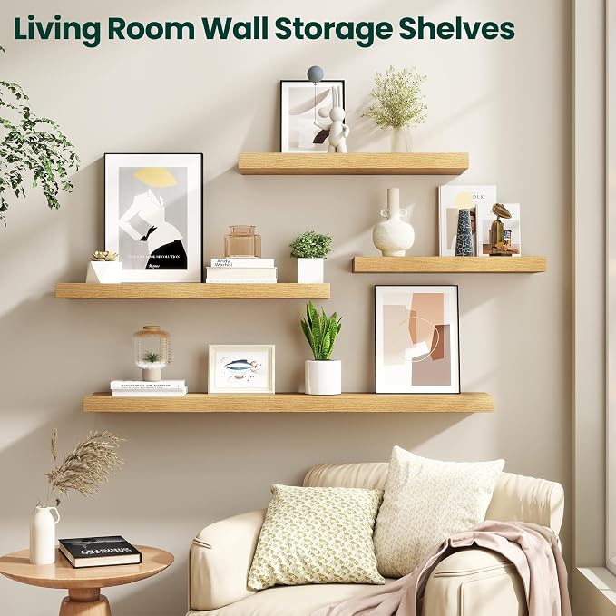 Floating Shelves for Wall 16 in x 9.3 in Deep, Wall Mounted Rustic Wood Shelf with Invisible Brackets for Storage & Display, Living Room Bedroom Bathroom, Oak, 2 Pack