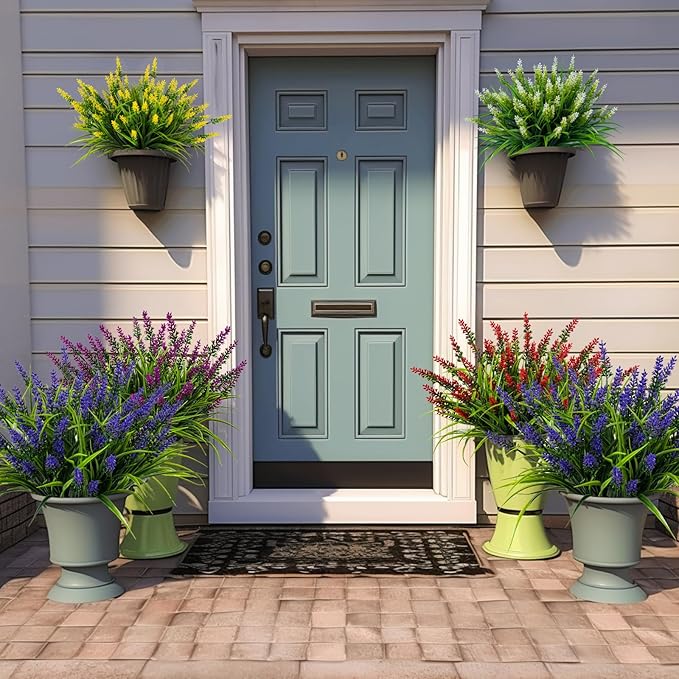 Nigirior Artificial Flowers for Outdoor Plants 24 Bundles Fake Lavender Plastic Faux Monkey Grass for Verandah Window Garden Office Patio Front Porch UV Resistant for Planter(Purple)