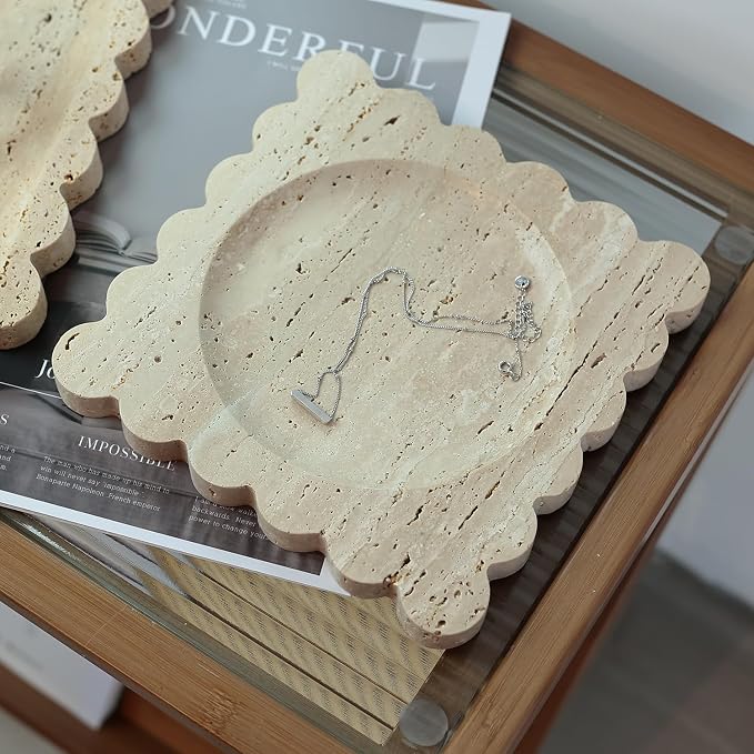Natural Travertine Tray with Scalloped Edge, Vanity Decorative Tray for Countertop Organizer, Catchall Tray for Perfume, Candles, Jewelry Dish