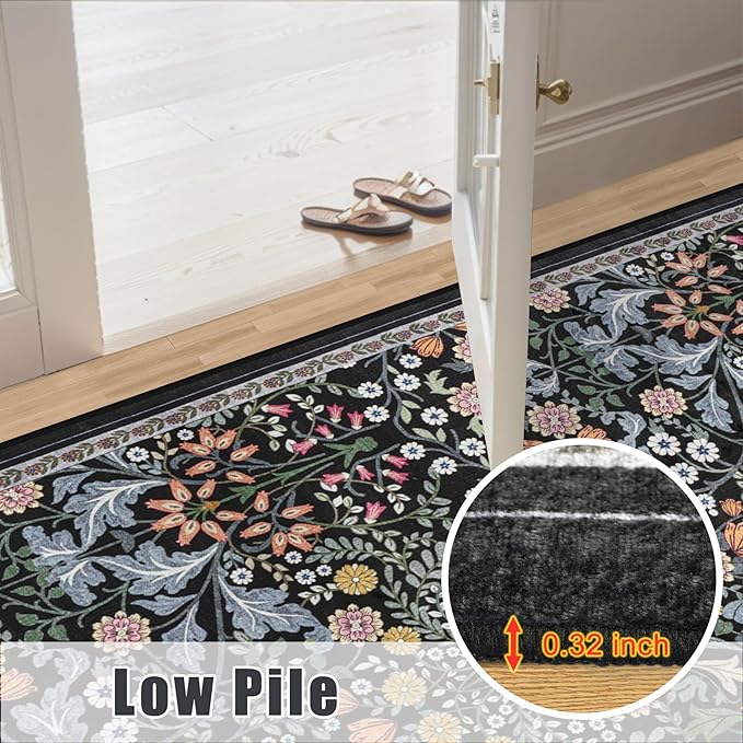Runner Rug for Entryway: 2x6 Kitchen Rugs Non Slip Washable Ultra-Thin Soft Floral Carpet Indoor Stain Resistant Carpets for Hallway Bedroom Kitchen Laundry Bathroom Dorm Dark Black
