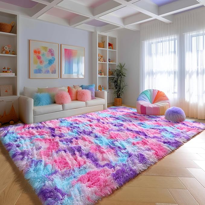 PAGISOFE Ultra Soft Rainbow Area Rugs for Bedoom Girls, 3x5 Ft, Fluffy Cute Colorful Pastel Princess Carpet for Kids Teens Nursery, Dorm Rug for Room Decor Aesthetic, Hot Pink Purple Bedroom Decor