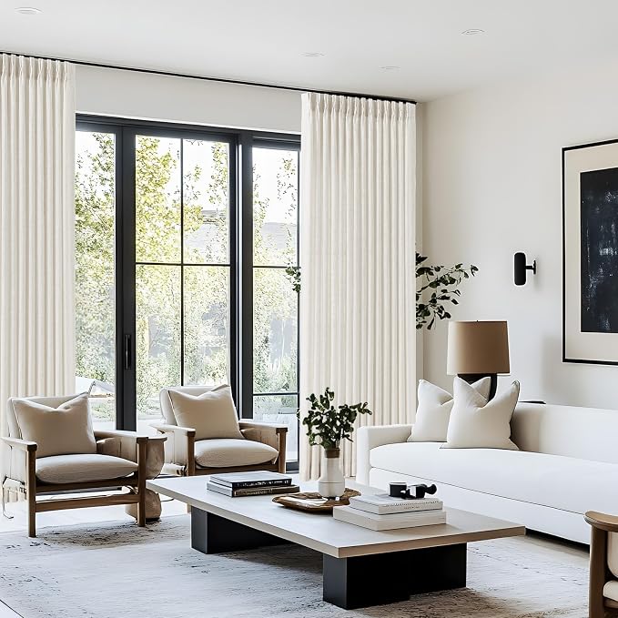 Pinch Pleated Linen Curtains 96 Inches Long for Living Room, Beige White Light Filtering Pleat Drapes Textured Thick Floor to Ceiling Semi-Sheer Curtain with Hooks for Bedroom Farmhouse, 2 Panels