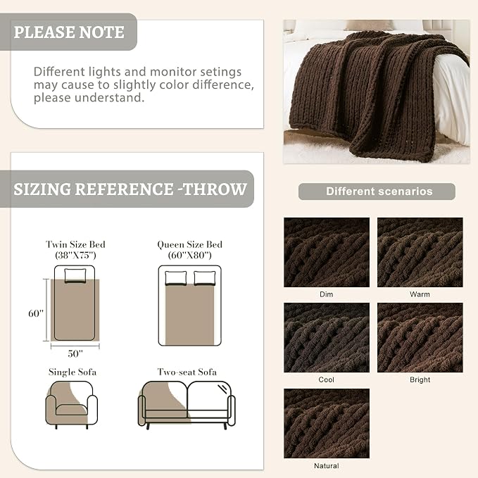 Battilo Brown Chunky Knit Throw Blanket, Soft and Thick Chenille Throw Blanket, 50"x60" Handmade Cable Knit Crochet Blanket, Knot Throw Blankets for Couch Sofa Bed Home Decor (Brown, 50"x60")