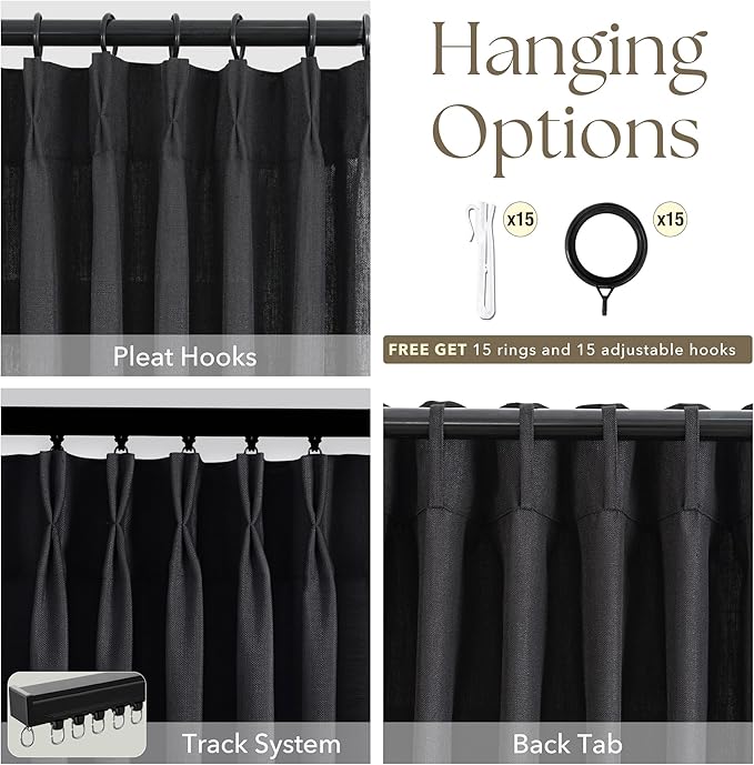 Pinch Pleated Black Curtains 96 Inches Long 2 Panels for Living Room Textured Semi Sheer Pinch Pleat Linen Drapes with Hooks Rings Light Filtering Curtain for Sliding Glass Door 8ft