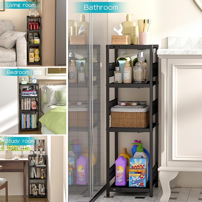 DAOUTIME Expandable Slim Storage Shelf, 4 Tier Metal Shelving Unit for Bathroom Storage Organizer, Freestanding Narrow Shelf for Small Spaces, Open Floor Shelves for Bathroom, Laundry Room, Kitchen