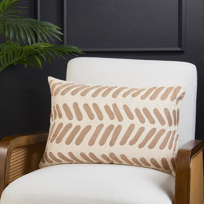 SARO LIFESTYLE Abstract Embroidered Throw Pillow Cover - Modern Textured Throw Pillow Cover for Contemporary Home Decor, Living Room Accents and Bedroom Styling, 16"x24", Ivory