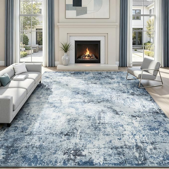 Rugflix 8x10 Area Rugs for Living Room, Washable Large Rug Stain-Resistant Low Pile, Modern Dark Carpet for Dining Room Home Office Kid Room Nursery Bedroom, Blue Grey/Black