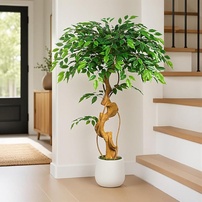 4FT Artificial Ficus Tree, 48in Fake Silk Tree with Curved Trunk & 930 Lush Leaves, Faux Floor Plant with White Pot, Low-Maintenance Decor for Home, Office, Patio