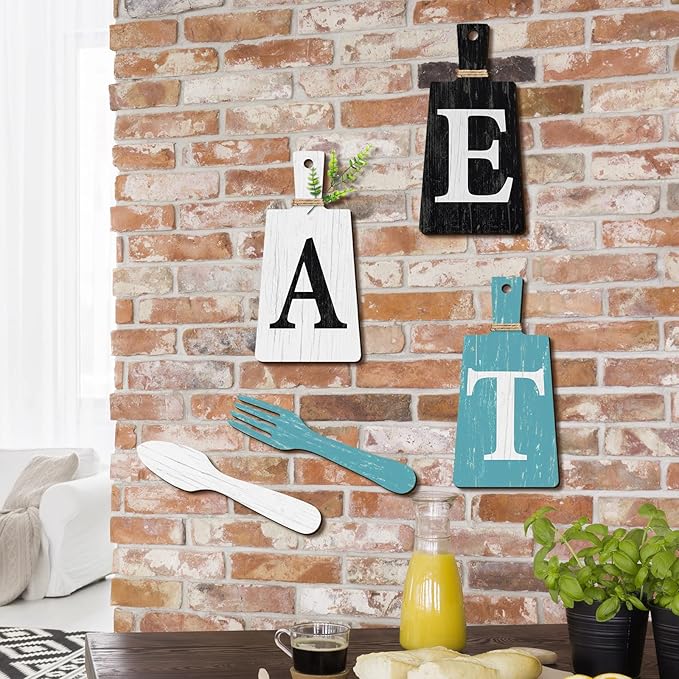 Jetec Cutting Board Eat Sign Set Hanging Art Kitchen Eat Sign Farmhouse Fork and Spoon Wall Decor Rustic Primitive Country Kitchen Decor for Home over Cabinet Decoration(Black, White, Teal)