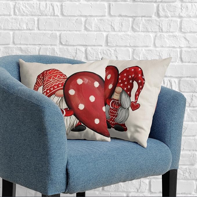 Valentine Pillow Covers 18x18 Set of 2 Red Polka Dots Love Heart Gnomes Throw Pillow Covers Cotton Linen Decorative Pillow Cases for Home February Holiday Valentines Day Decor