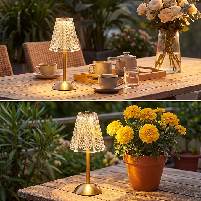 Liliful 2 Pcs Cordless Table Lamp Rechargeable Touch LED Small Gold Portable Battery Operated USB-c Desk Lamp 3 Color Dimmable for Bedroom Living Room Dining (Gold,Hexagonal Diamond Style)
