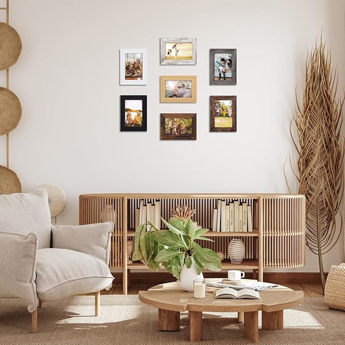 PETAFLOP 4x6 Frame Set of 7, 4x6 Picture Frame in Multi Colors, Rustic Wooden Frames for Tabletop and Wall Mounting Display