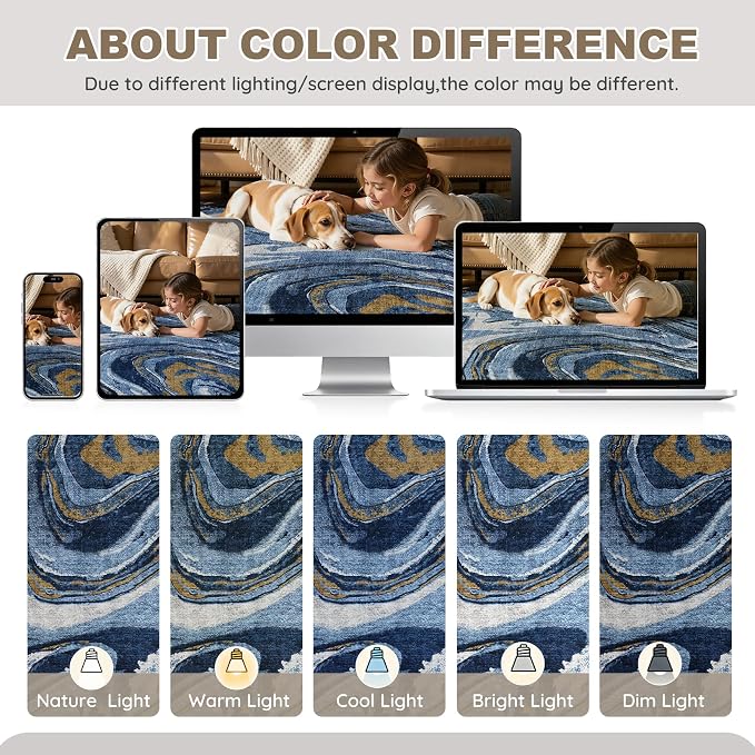 DMOYEST 8x10 Area Rug for Living Room - Washable Neutral Modern Abstract Rugs Soft Non-Slip Carpet Low Pile Indoor Floor Mat for Bedroom & Dining Room Decor for Families with Kids and Pets- Dark Blue